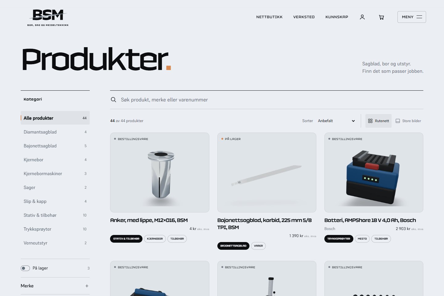 BSM: nettbutikken med produkter, søk og filtre